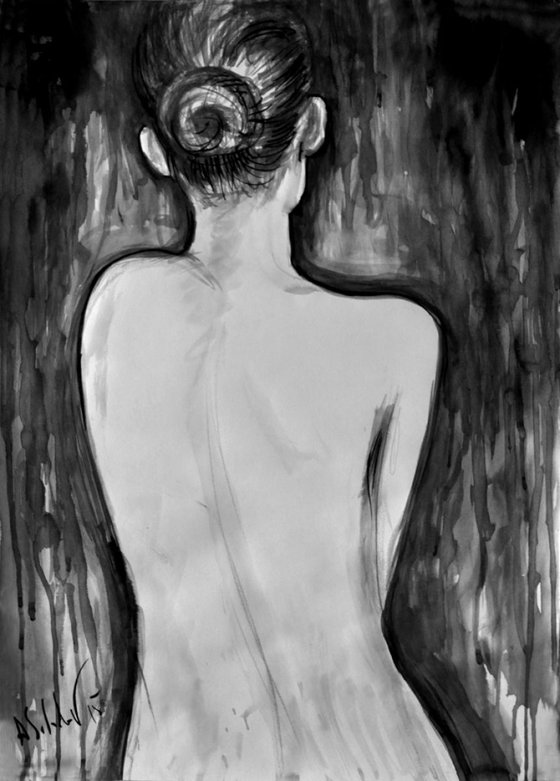 Cello. Nude Model from the Back.