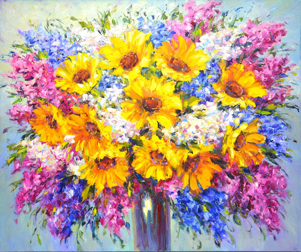 Expressive Botanical Oil Painting By Iryna Kastsova, 47 X 39, Sunny Bouquet Of Flowers, Original Artwork