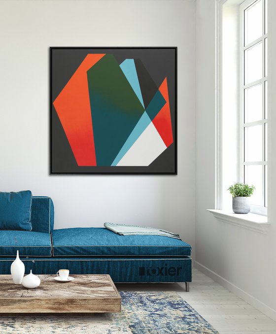Abstract Painting - Diamond Red Blue Whale - Incl. frame - 95x95cm - Ronald Hunter - 15S