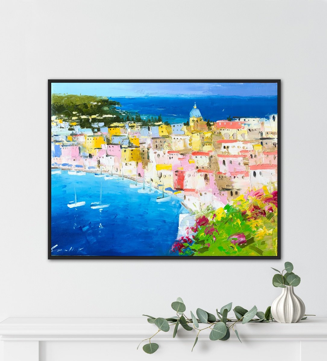 Impressionistic Cityscapes Oil Painting By Volodymyr Smoliak, 16 X 12", Village With White Houses, Original Artwork