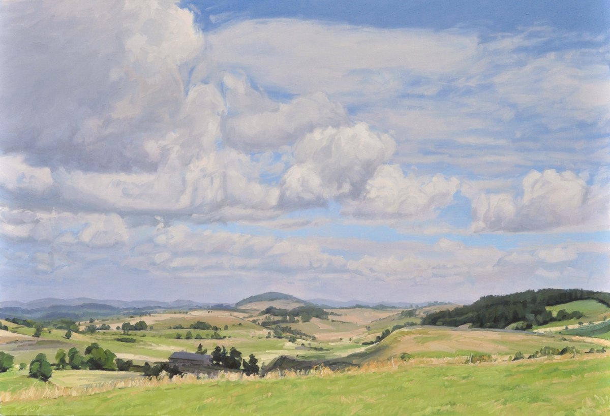 Impressionistic Landscape Oil Painting By Anne Baudequin, 51 X 35, Summer Light Over The Velay Uplands, Original Artwork
