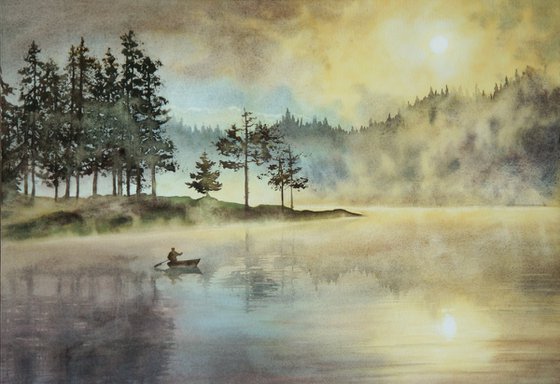 Foggy Serenity - Misty Sunrise on the Lake – Landscape