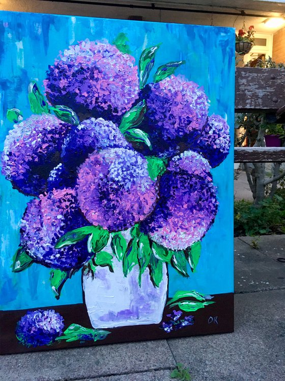 BOUQUET OF Purple hydrangea on turquoise in a white vase palette  knife Original Acrylic painting office home decor gift