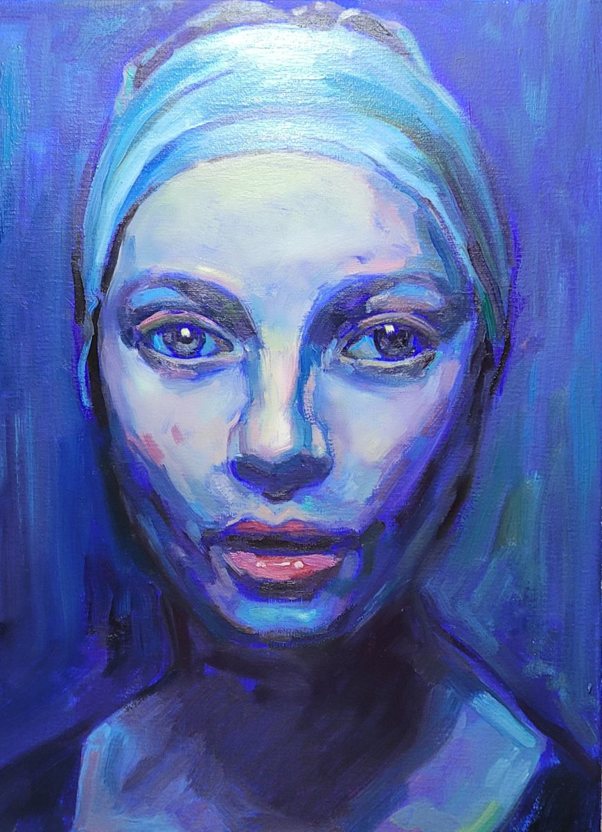 Girl in Blue, Contemporary Oil Original Expressive Portrait by QI Debrah