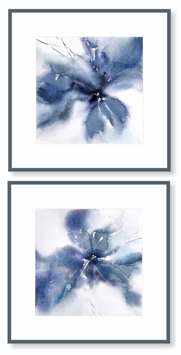 Blue abstract flowers diptych by Olga Grigo