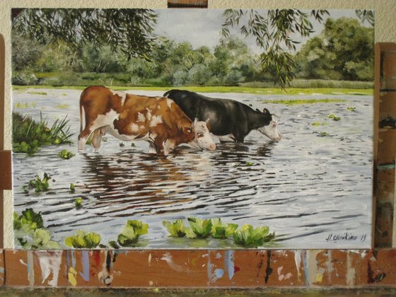 Cow Watering, Farm Life Scene