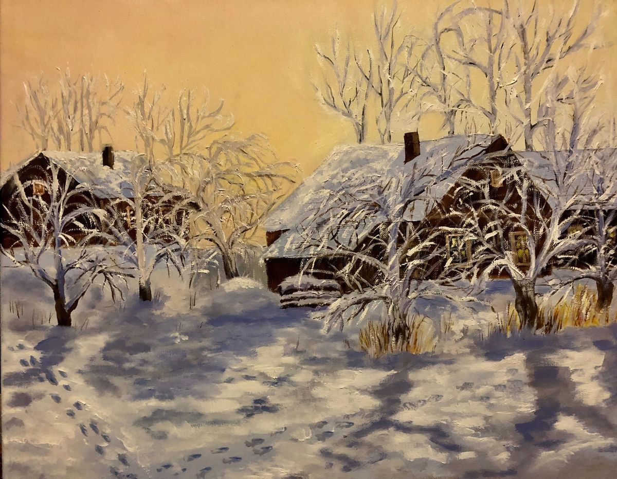 Impressionistic Landscape Oil Painting By Inna Montano, 20 X 16, Winter Lights, Original Artwork