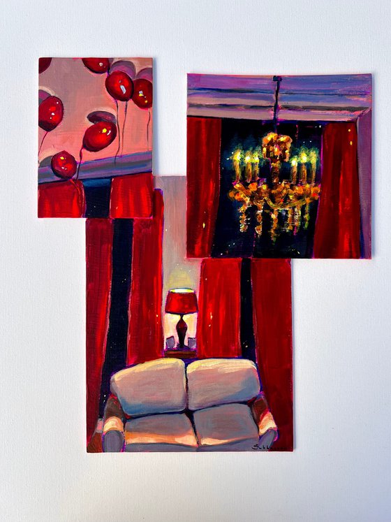Red Interior with Balloons and Chandelier