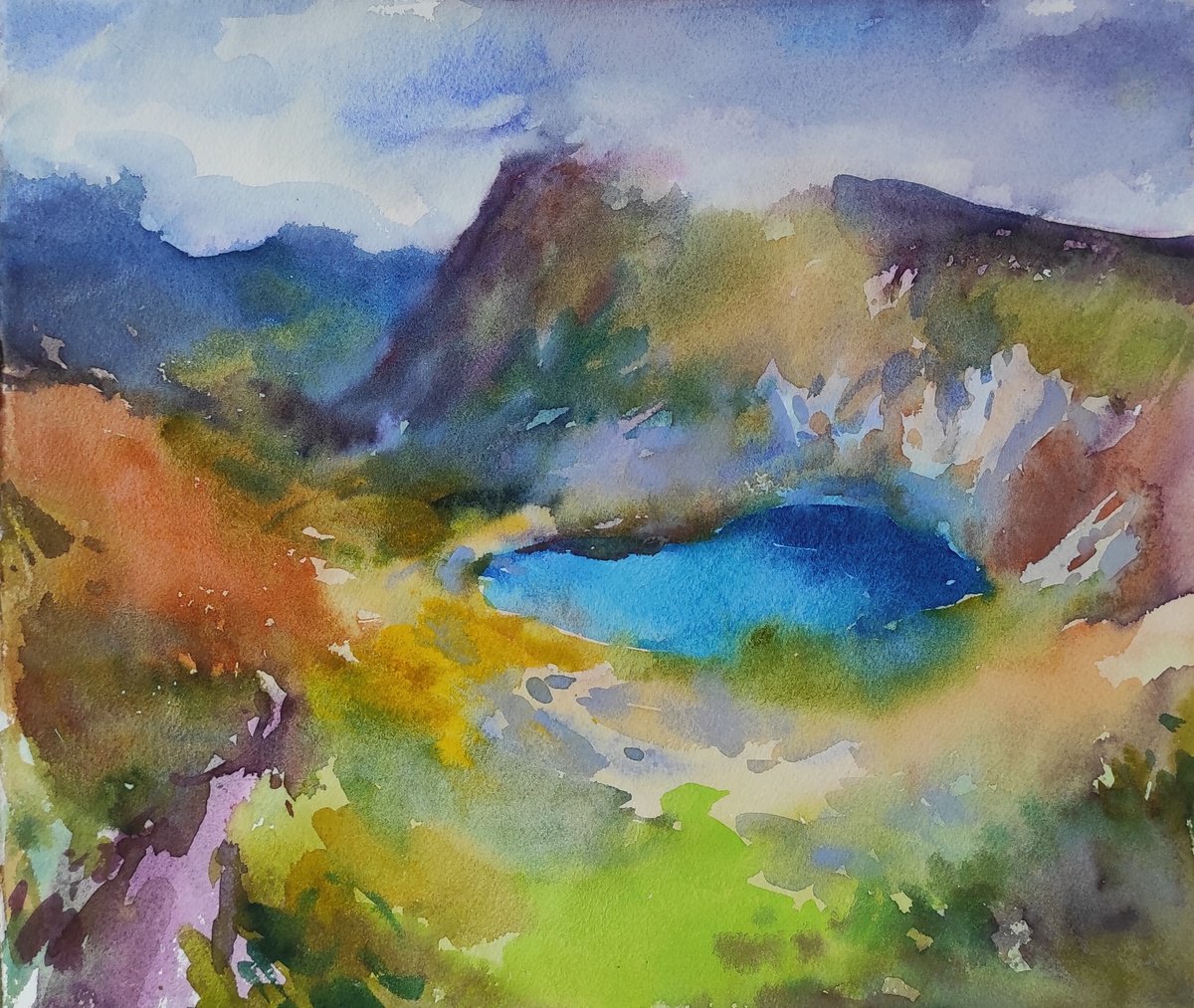 Impressionistic Landscape Watercolour By Tetiana Borys, 13 X 11", Lake In Switzerland, Original Artwork