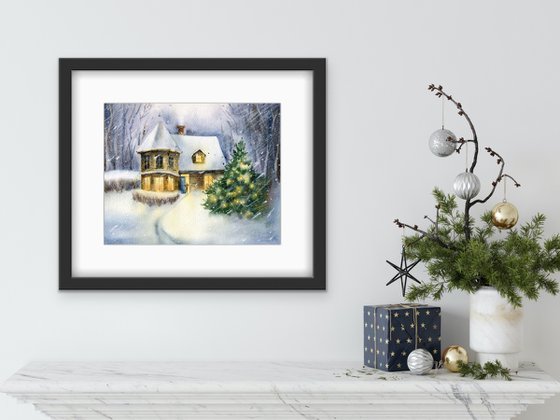 Waiting for guests. Cozy cottage with a decorated Christmas tree in the yard. Watercolor artwork.