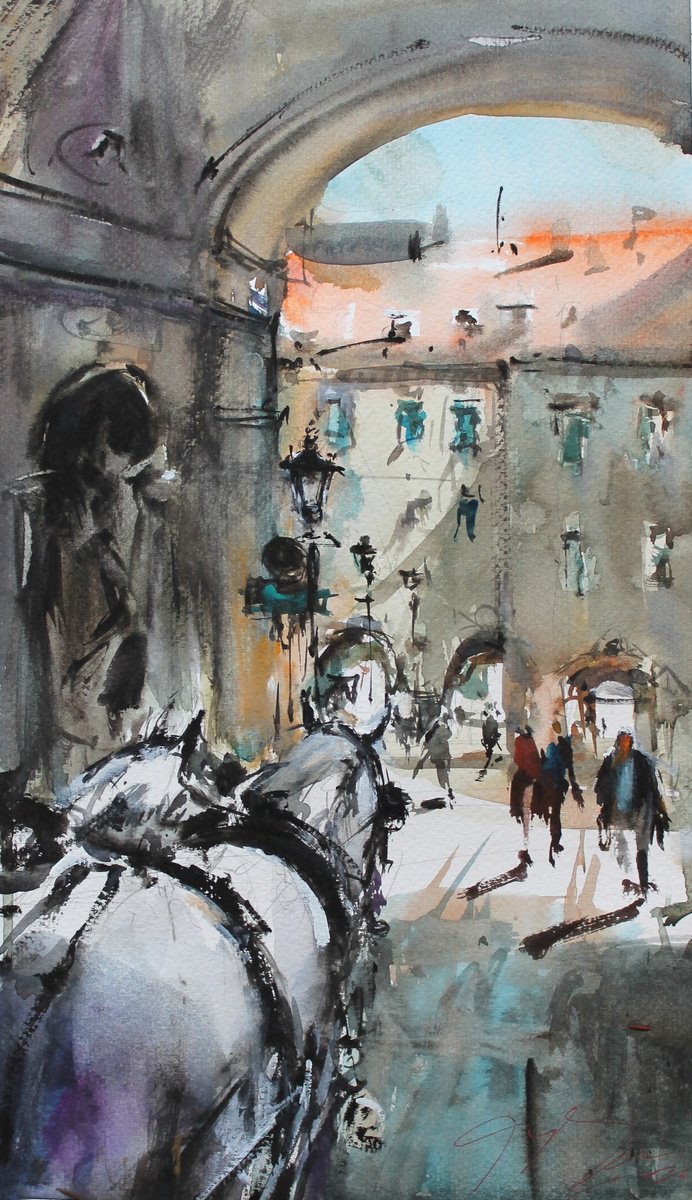 Impressionistic Cityscapes Watercolour By Maximo Damico, 10 X 16", Under Hofburg Gate, Original Artwork