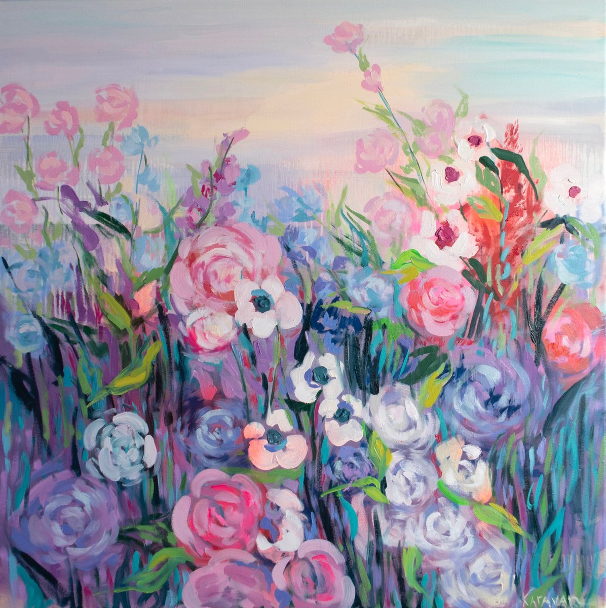 Impressionistic Botanical Oil Painting By Nataliia Karavan, 39 X 39", Meadow Dreams, Original Artwork