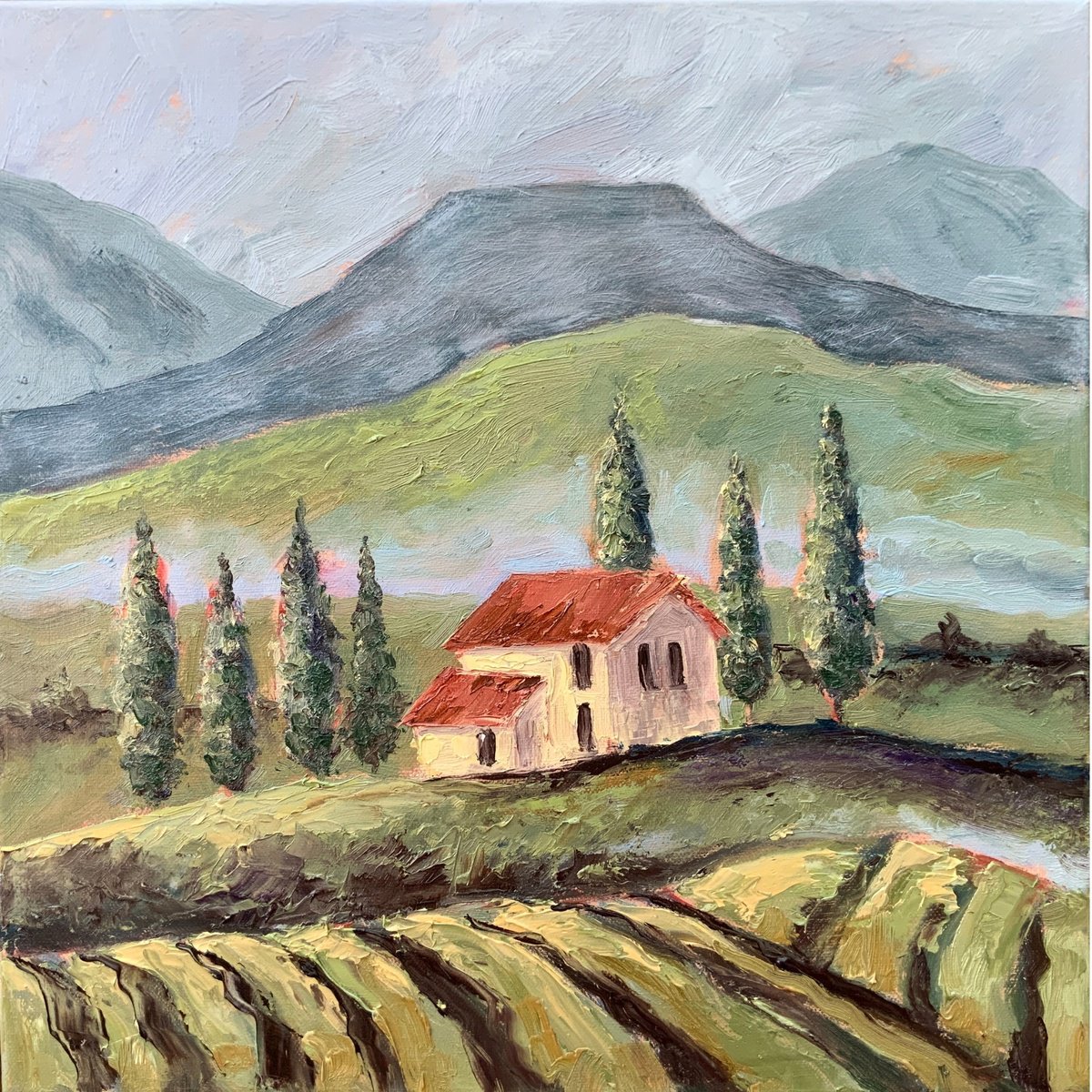 Impressionistic Landscape Oil Painting By Alexandra Jagoda (Ovcharenko), 16 X 16, Tuscan Tranquility, Original Artwork