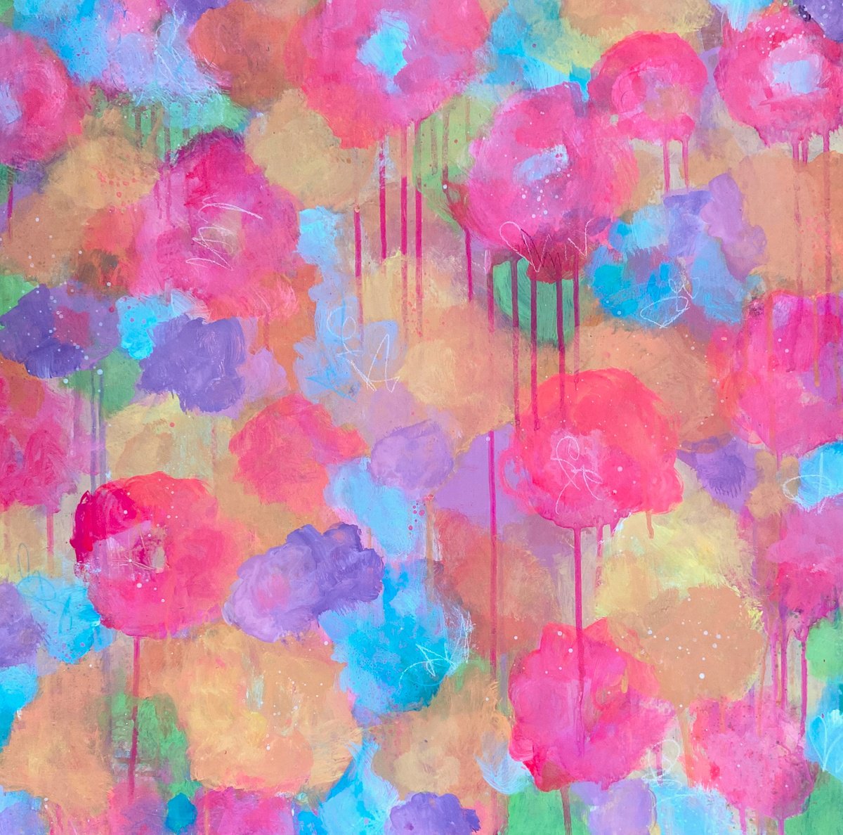 Abstract Botanical Acrylic Painting By Kate Marion Lapierre, 24 X 24", Floral Delight, Original Artwork