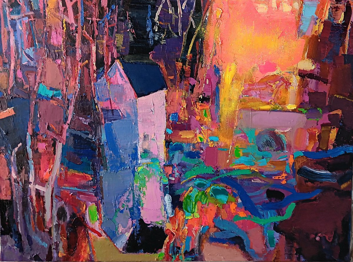 Abstract Landscape Acrylic Painting By Ruslan Khais, 48 X 36", Landscape With Watermill, Original Artwork