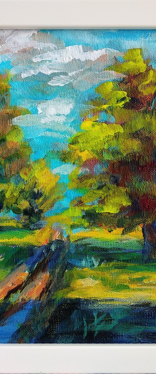 Sunny Summer landscape Trees and sky Original acrylic painting by Anastasia Art Line