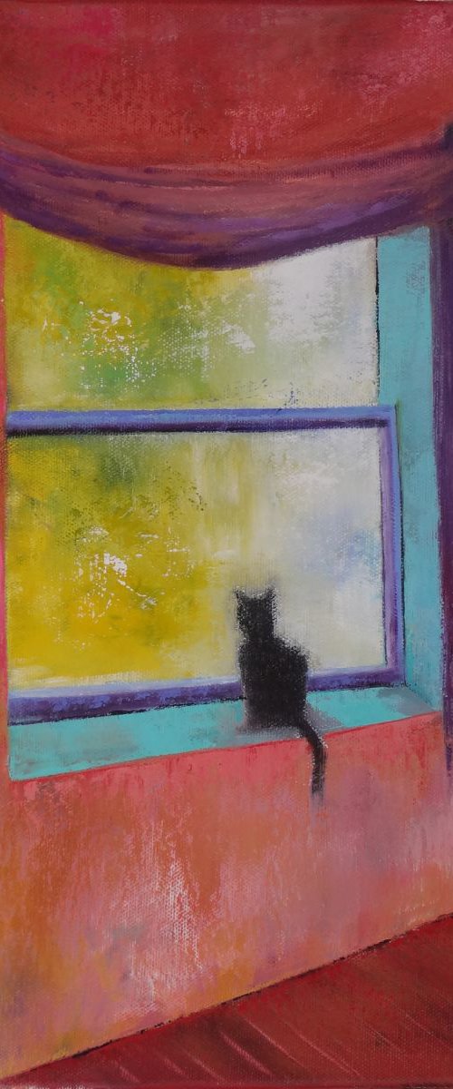 Cat with Purple Curtain by Faith Patterson
