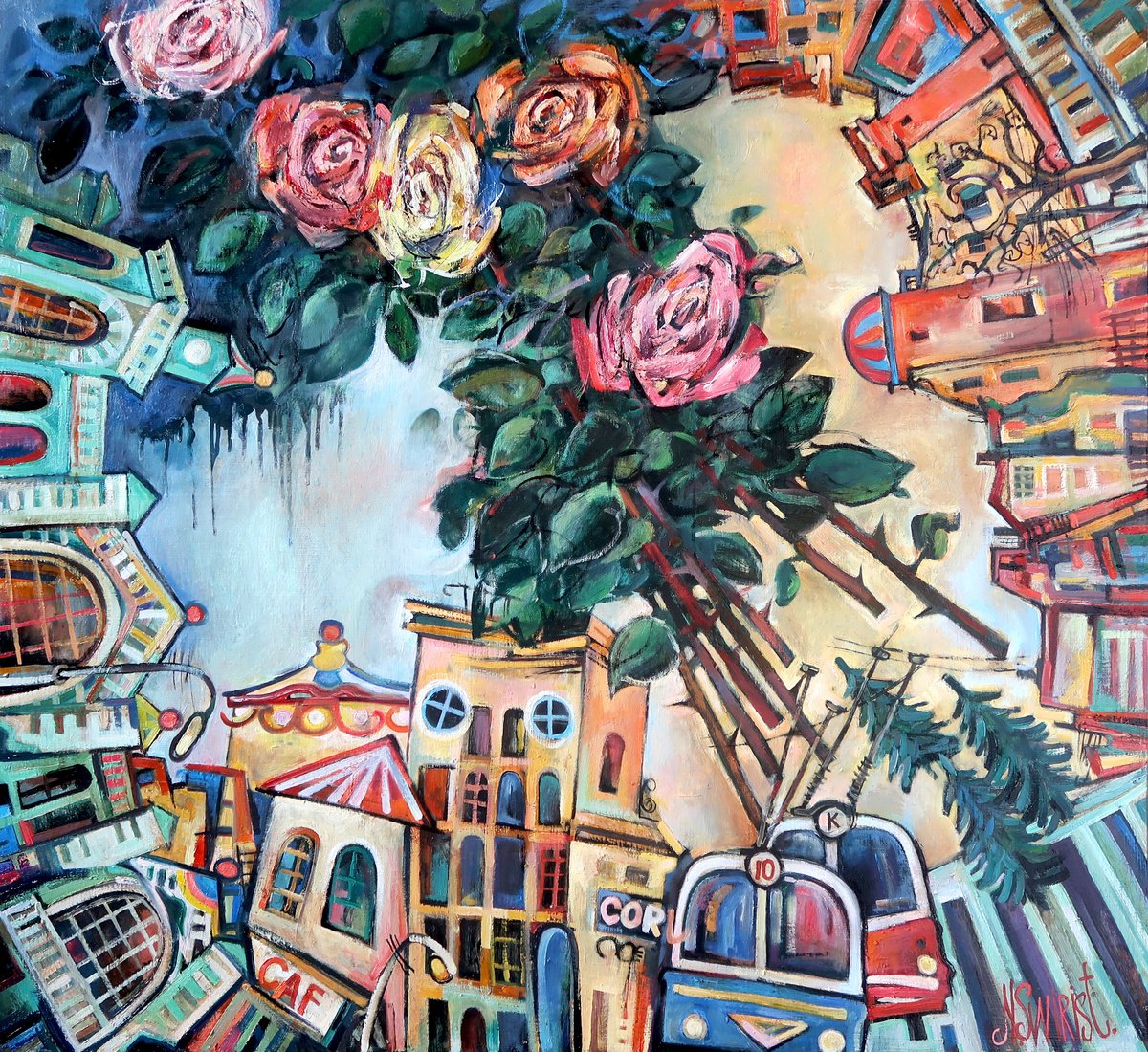 Impressionistic Cityscapes Oil Painting By Nikifor Swiristuhin, 47 X 43", Daily Carousel., Original Artwork