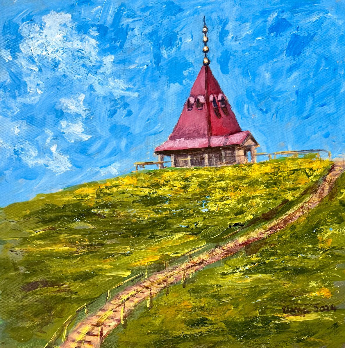 Impressionistic Landscape Acrylic Painting By Uma Krishnamoorthy, 12 X 12", Maharani Temple Gulmarg, Original Artwork