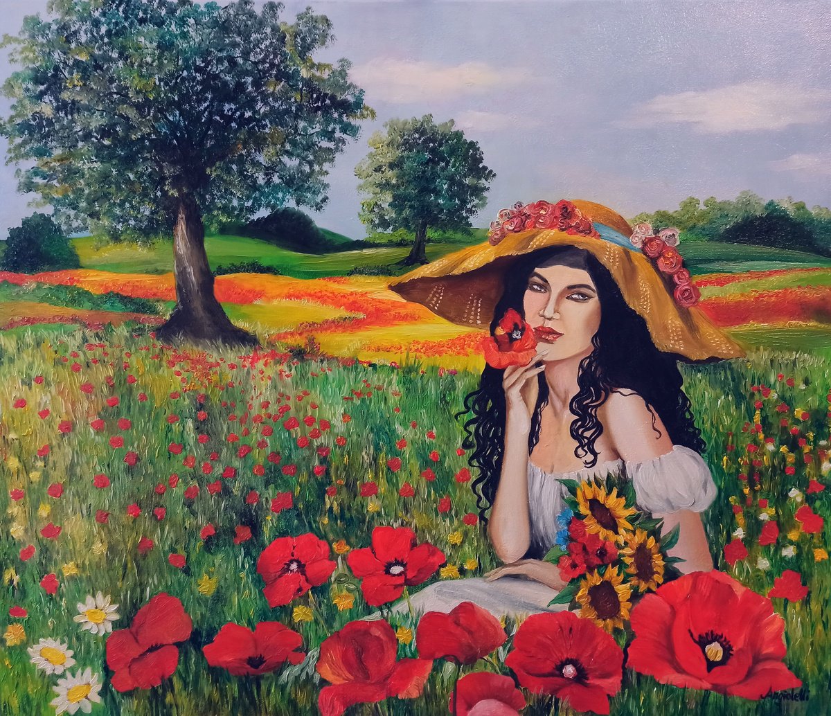 Photorealistic Landscape Oil Painting By Anna Rita Angiolelli, 28 X 24, Landscape With Poppies, Original Artwork