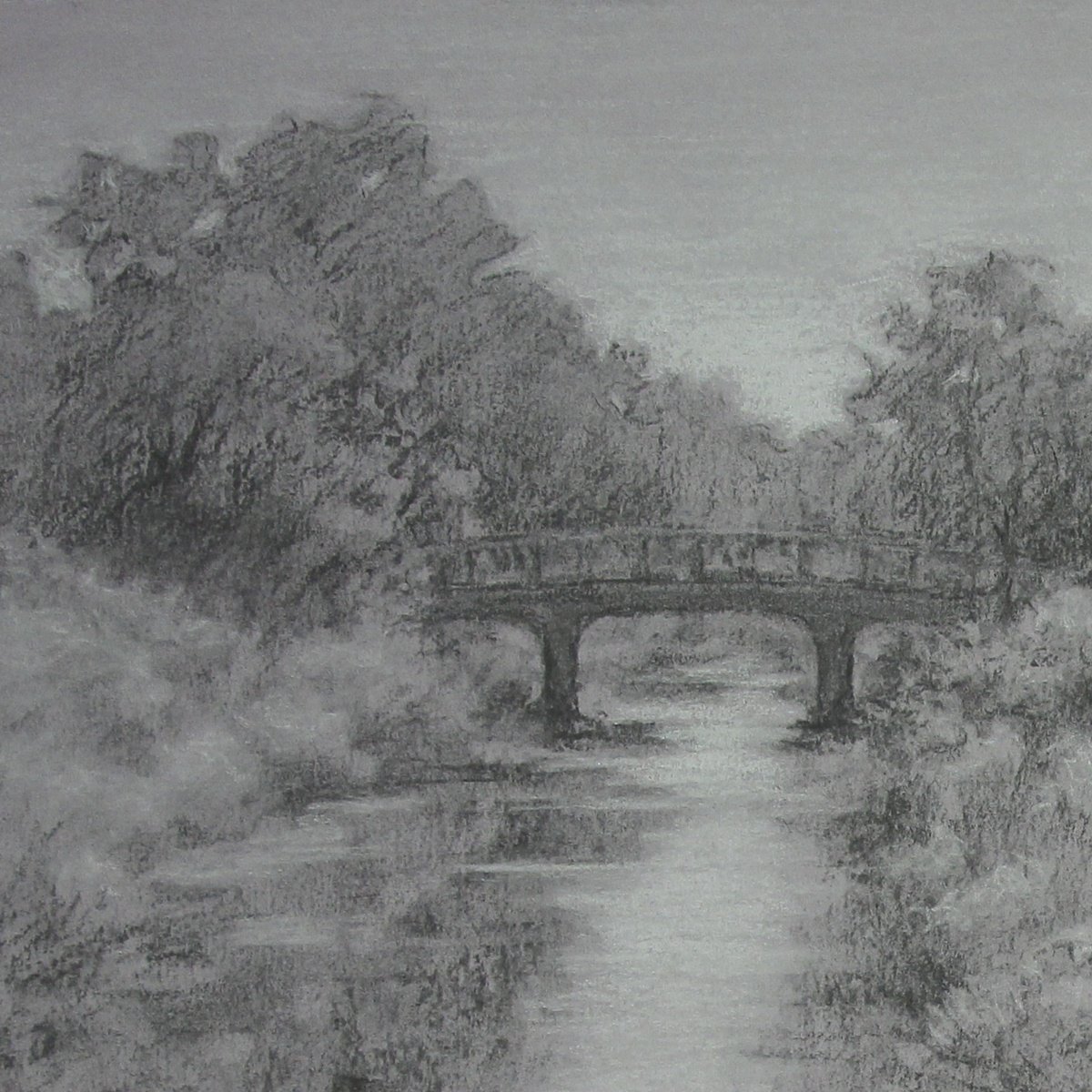 Illustrative Landscape Drawing By John Fleck, 21 X 15, Summer Day, Dupage River, Original Artwork