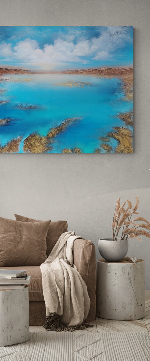 A XXL large modern semi-abstract structured mixed-media seascape painting "Awakening" by Vera Hoi