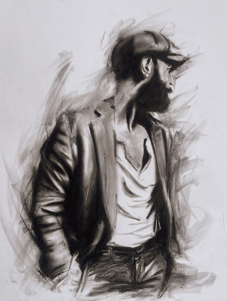 Illustrative Portrait Charcoal Drawing By Denny Stoekenbroek, 20 X 26, Telling Stories, Original Artwork