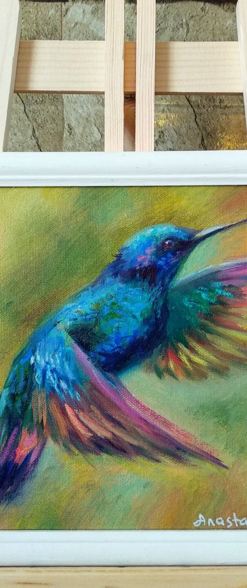 Hummingbird Framed and Ready to Hang Painting of Birds  Animal Art Wildlife Nature by Anastasia Art Line