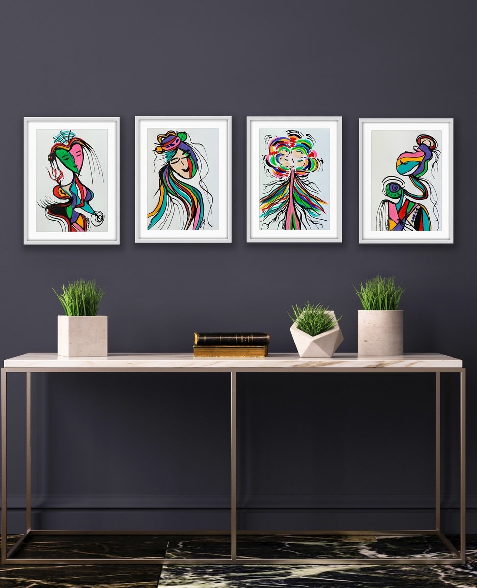 Organic Abstract Acrylic Painting By Veronica Vilsan, 47 X 17", Friends 107, Original Artwork