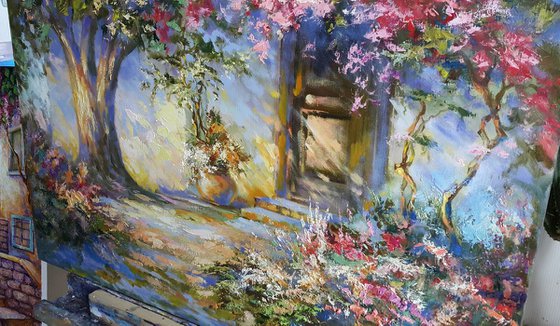 Summer evening in Greece - summer landscape, original oil painting