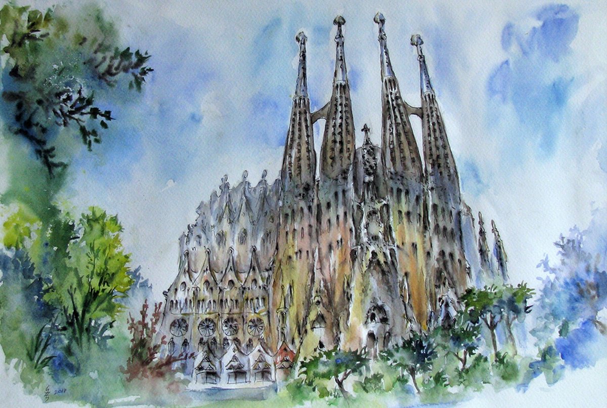 Impressionistic Cityscapes Watercolour By Szekelyhidi Zsolt, 24 X 16", Sagrada Familia, Original Artwork