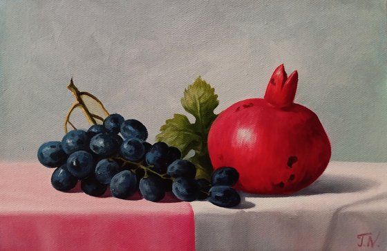 Still life with pomegranates and grape -1(20x30cm, oil painting, ready to hang)