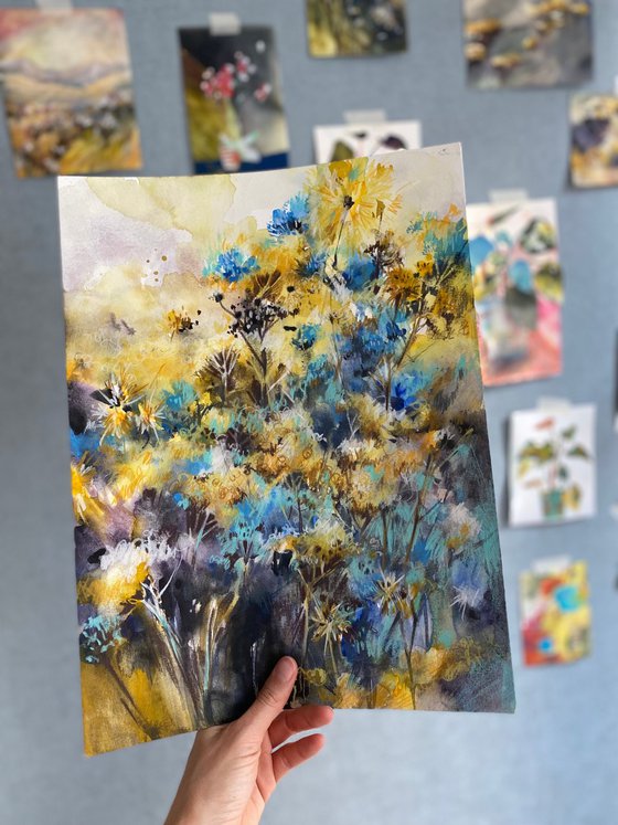 Blue and Yellow Herbs - mix-media painting