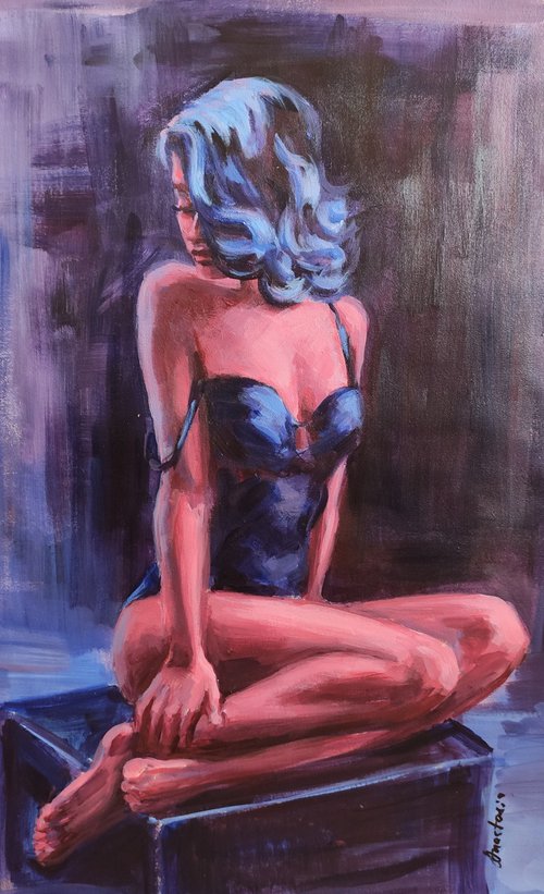 Blue Series Woman in lingerie Sexy girl in the bedroom by Anastasia Art Line