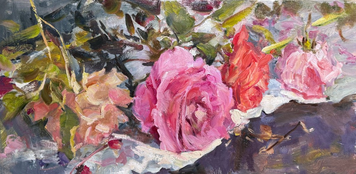 Botanical Oil Painting By Olga Bolgar, 25 X 15", Blooming Side By Side, Original Artwork