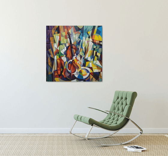 still life with violin (80x80cm, cubism, oil painting, ready to hang)