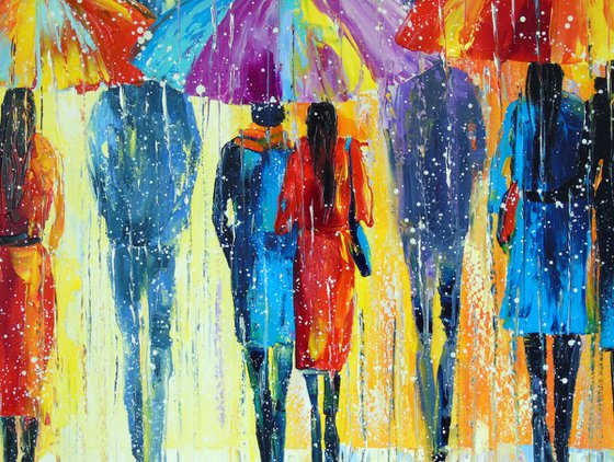 Lovers notice not rain, but multi-colored umbrellas