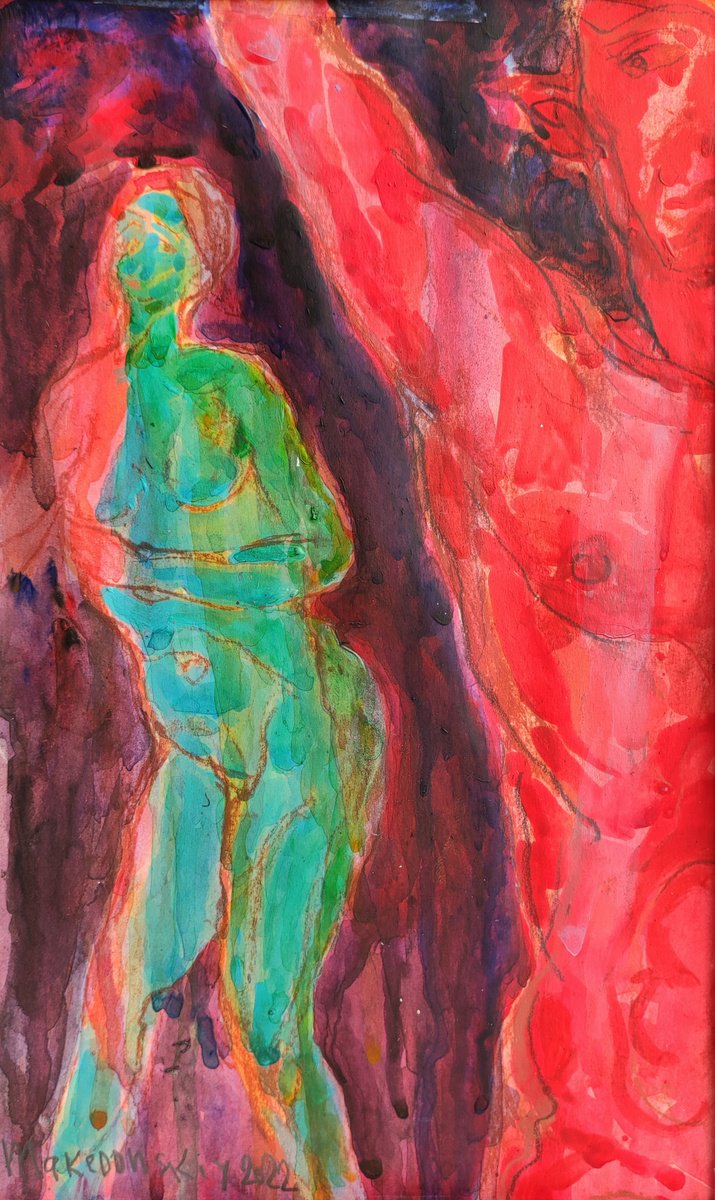 Surrealistic Portrait Watercolour By Pavlo Makedonskyi, 11 X 15", Faun And Nymph, Original Artwork