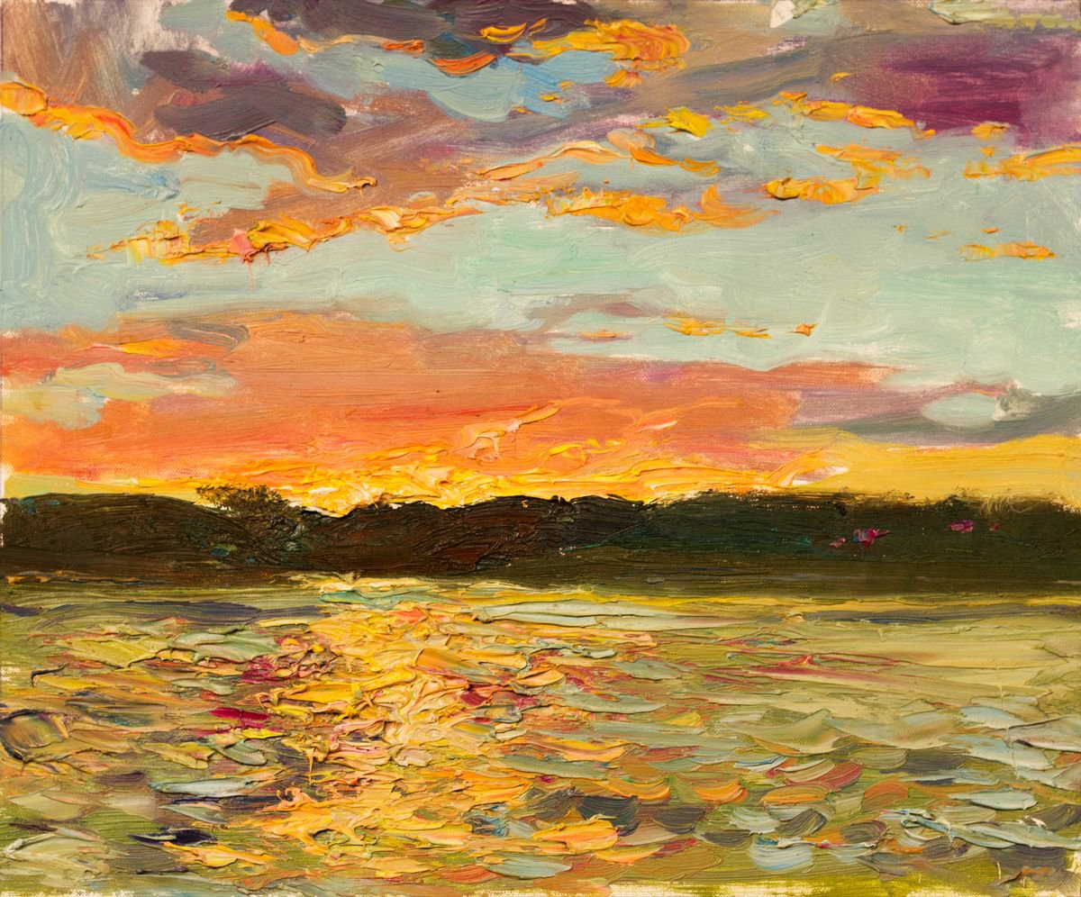 Impressionistic Landscape Oil Painting By Sergey Kostov, 12 X 10", Sunset, Original Artwork