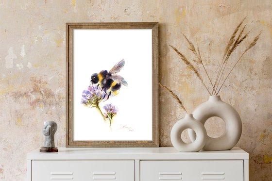 Bumblebee on Flowers Watercolor Painting