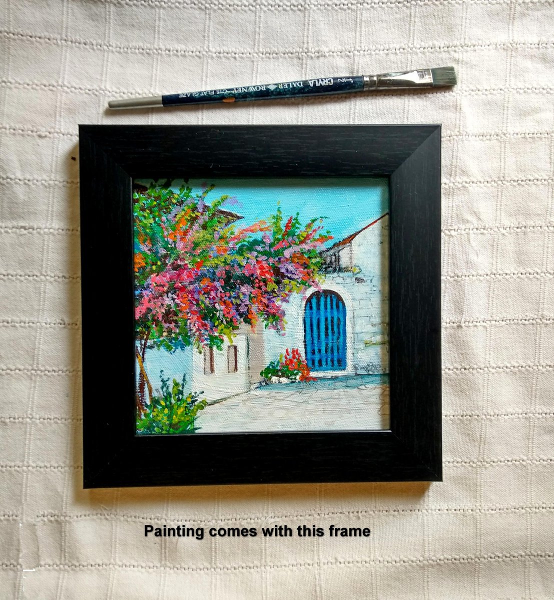 Greek Summer House with bougainvillea Miniature Santorini Painting 6x 6 by Asha Shenoy