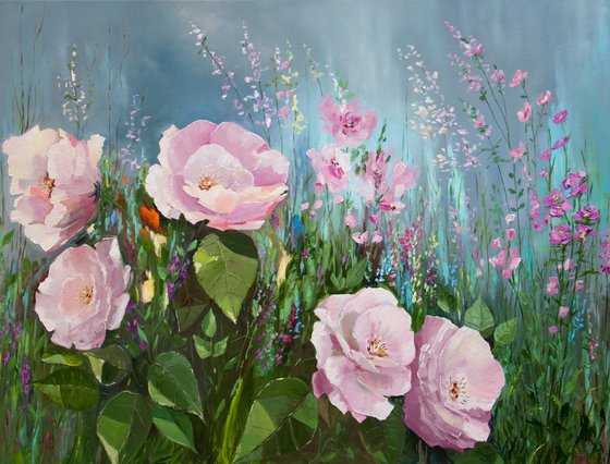 Flowers in my garden. Oil painting. Original Art. On canvas. 40 x 30in.