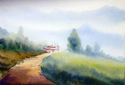 Morning Mountain Path & Village - Watercolor on Paper by Samiran Sarkar