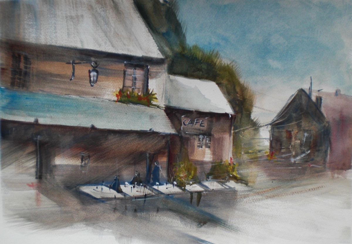 Expressive Cityscapes Watercolour By Giorgio Gosti, 16 X 12, Cafe, Original Artwork