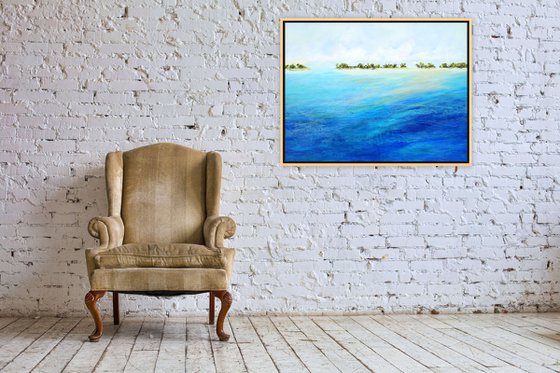 SUMMER BREEZE. Large Seascape Abstract Beach Painting. Tropical Island Blue Ocean Textured Art, Sea Waves, Sky with Clouds, Sailboats, Palm Trees. Modern Impressionism