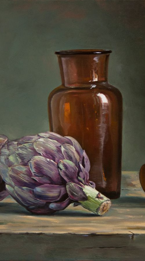 Still life with artichoke en medical glass (Original Oil Painting) by Mayrig Simonjan