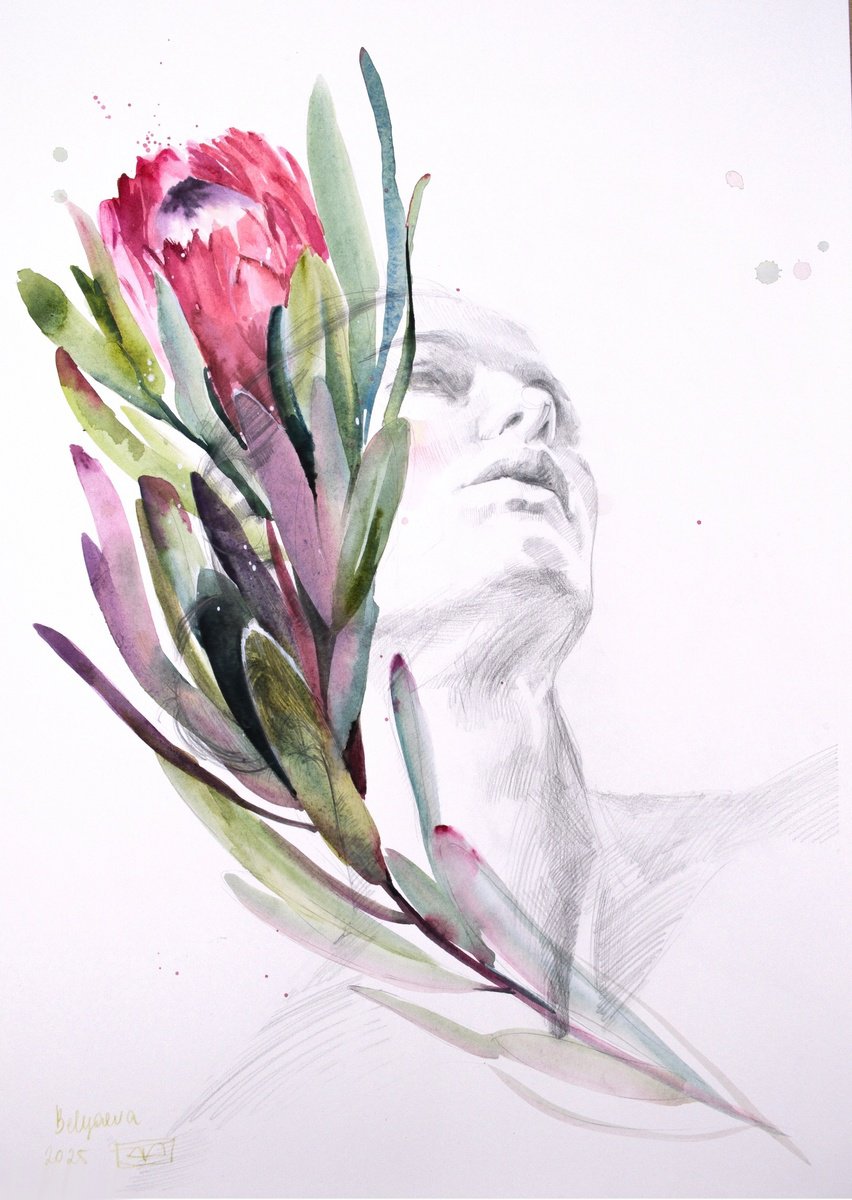 Expressive Botanical Painting By Belyaeva Oleksandra, 14 X 20, Protea, Original Artwork