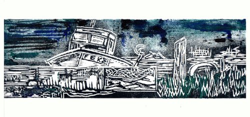 Boat, Dungeness with monoprint by Anna Robertson