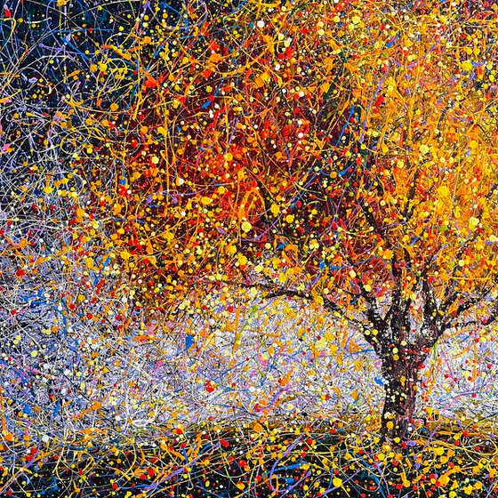 Large tree abstract painting Be like a tree Sun Autumn modern art Yellow orange three abstraction