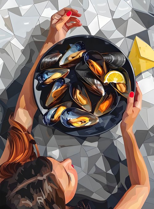 STILL LIFE WITH MUSSELS AND YELLOW NAPKIN by Maria Tuzhilkina